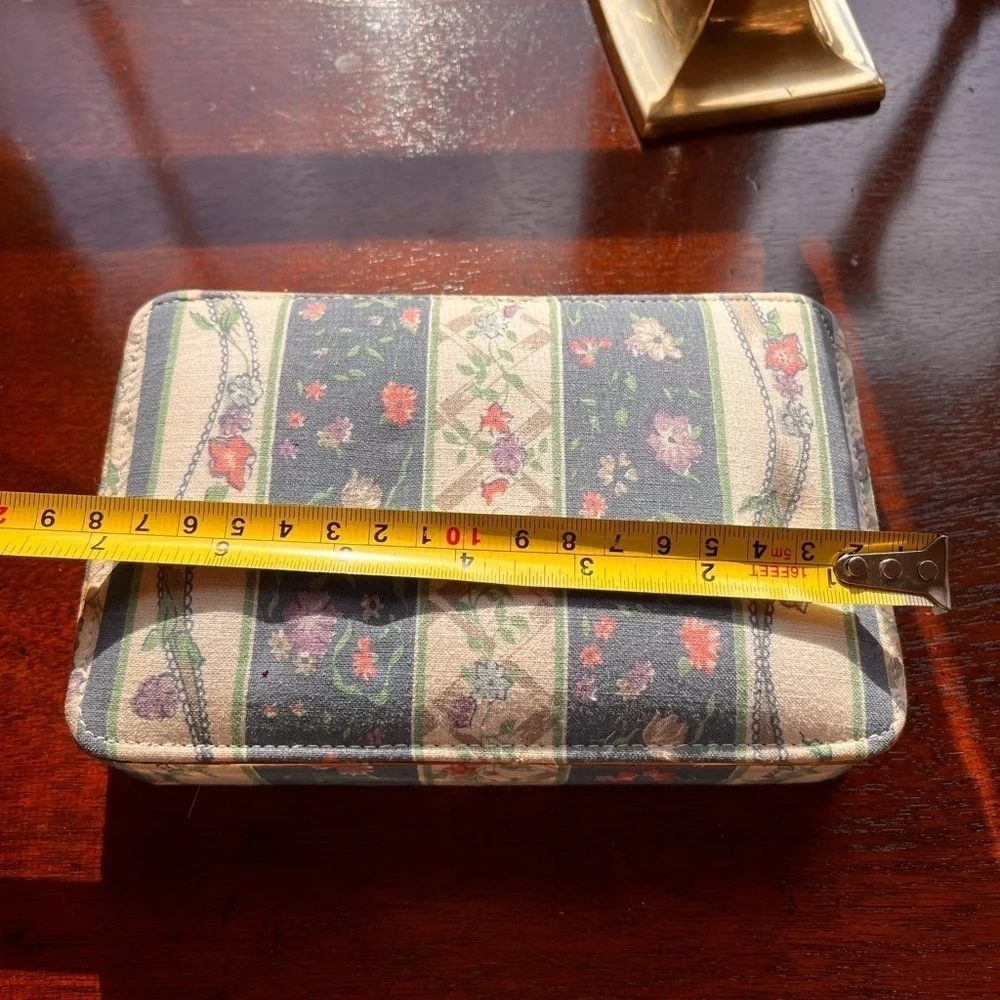 Vintage fabric jewelry box mirror inside. Travel jewelry box